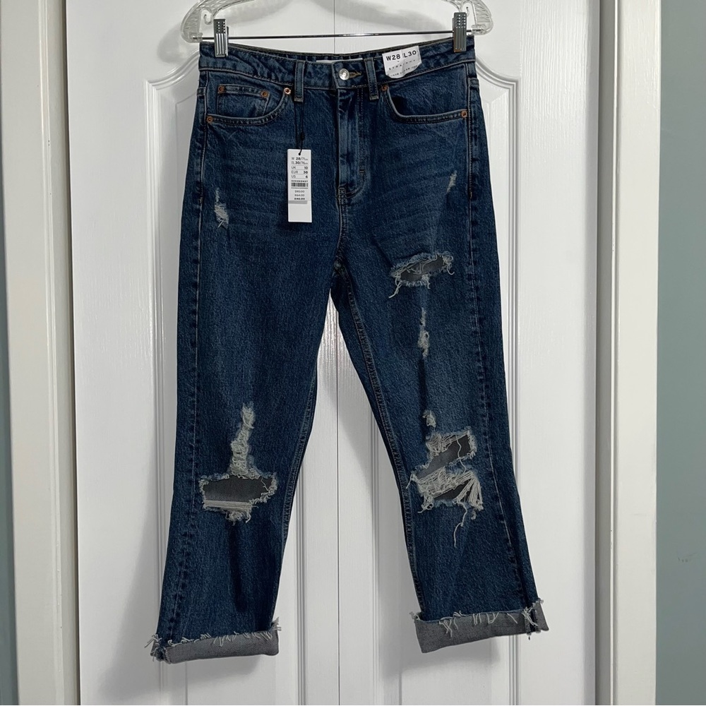 TOPSHOP STRAIGHT LEG HIGH WAISTED distressed ripped JEANS Size 28 NWT
